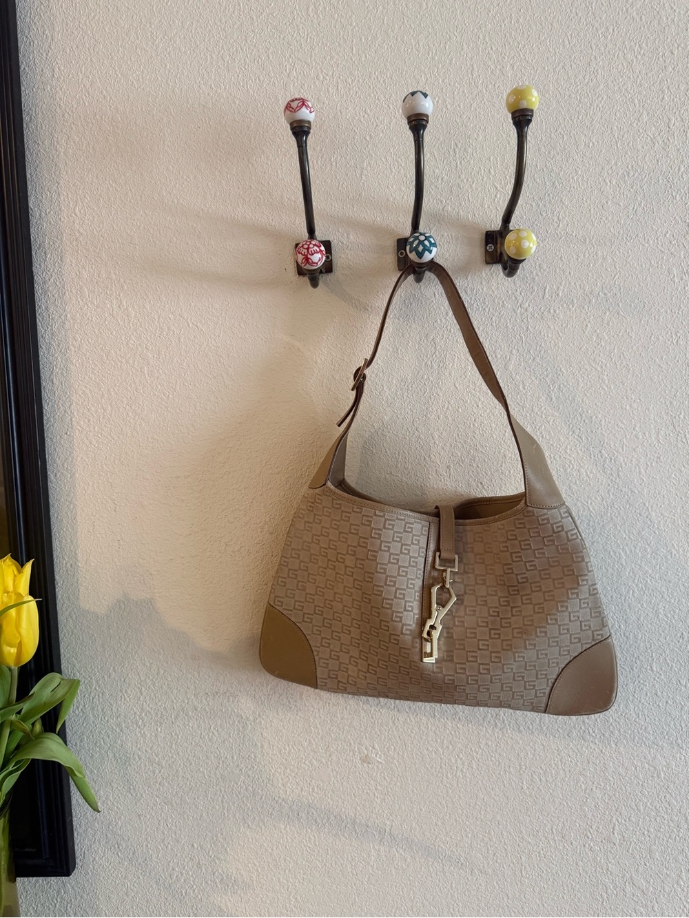 Vintage Gucci Canvas Jackie Shoulder Bag with Gold Hardware